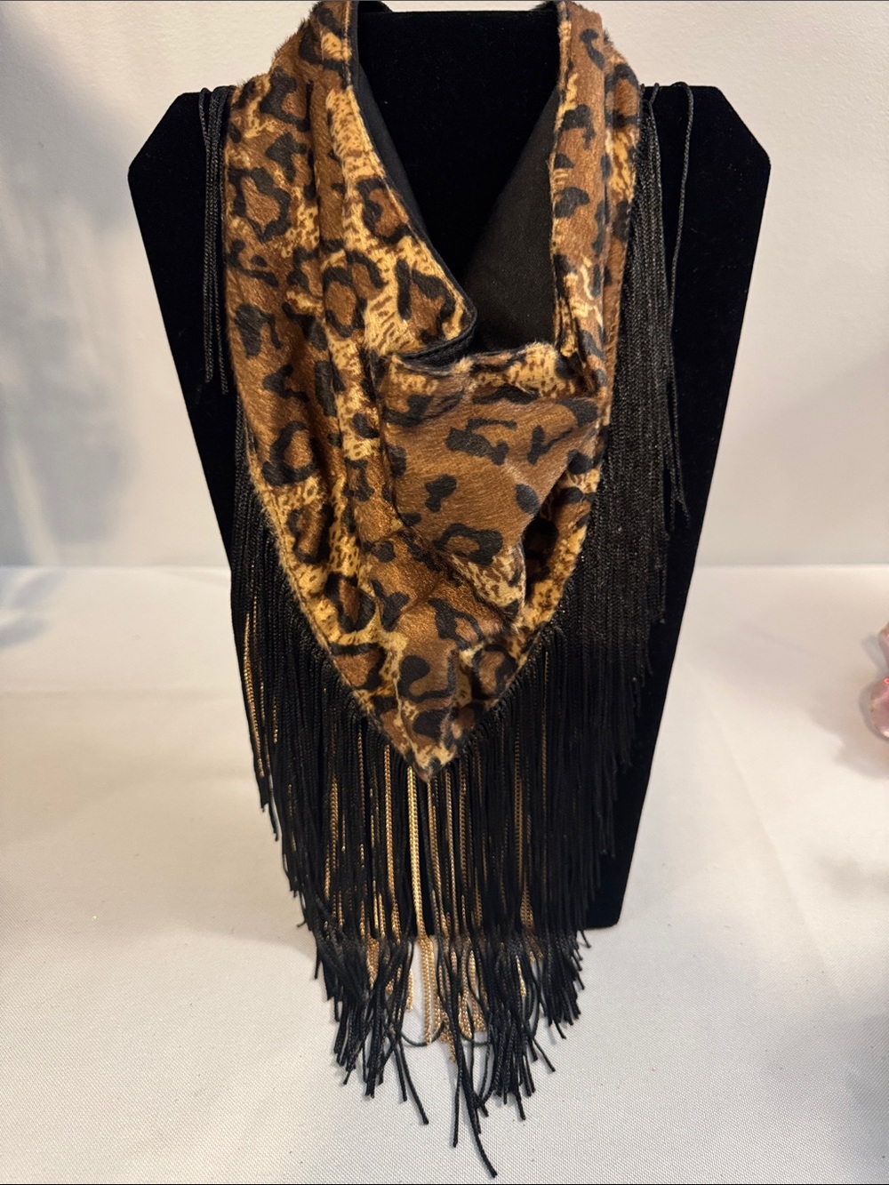 Leopard Print Fringe Triangle Scarf - Brown and Black